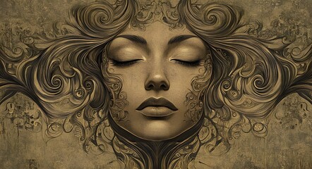 36. **Art Nouveau face portrait with flowing lines, ornate patterns, and elegant curves**