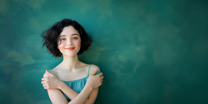 Happy woman hugging herself. Self-soothing and self-love concept.