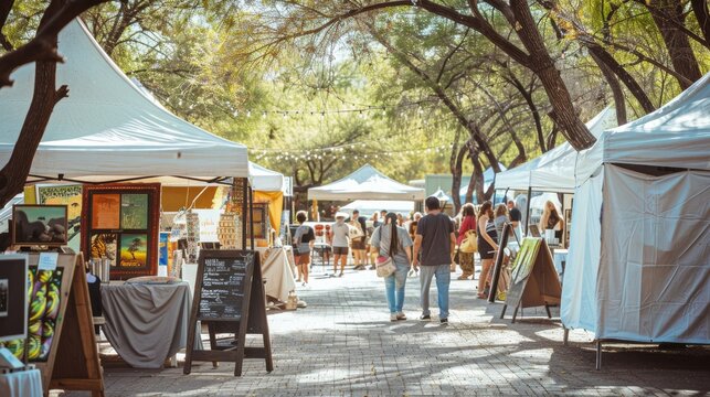 Shady tree-lined walkway at an outdoor market, with white tents and people browsing various stalls.