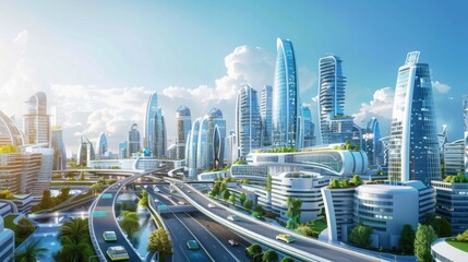 Urban Innovation. Detailed 3D rendering of a futuristic city with advanced infrastructure, smart transportation, and eco-friendly design.