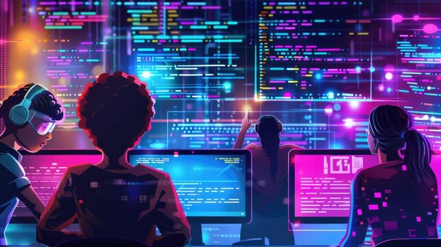 Multiracial team of developers working together on programming code emphasizing unity and cooperation.