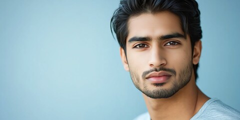 Obraz premium A studio close-up portrait of a young Indian or Pakistani man wearing a casual t-shirt, with a colourful background.