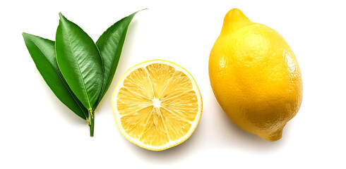 Whole and half sliced lemon with green leaves isolated on white background