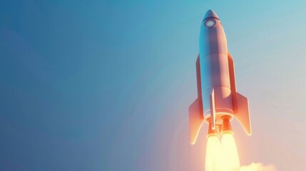 Fototapeta premium Detailed 3D illustration of a sleek rocket against a gradient blue backdrop capturing space exploration excitement.