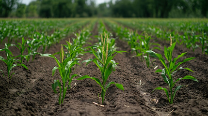 Rows of young corn plants growing in a field