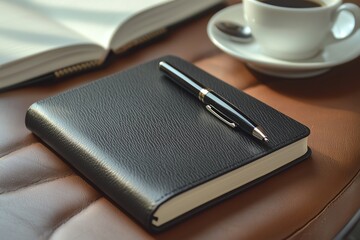 Black leather notebook with pen, book, and coffee cup on brown leather surface.