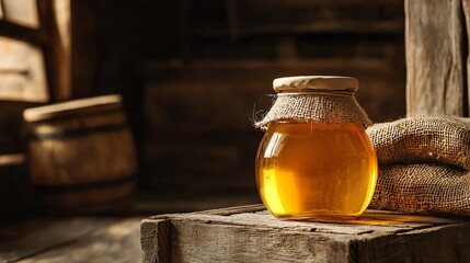 A jar of honey sits on a wooden crate in a rustic setting.