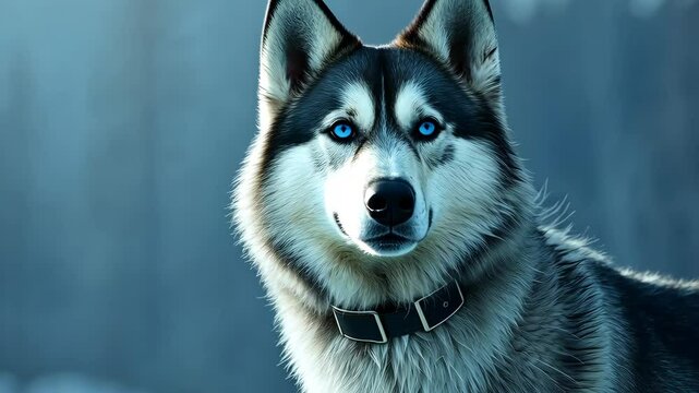 Siberian husky with piercing blue eyes in winter setting, close-up. Animal portrait and nature concept