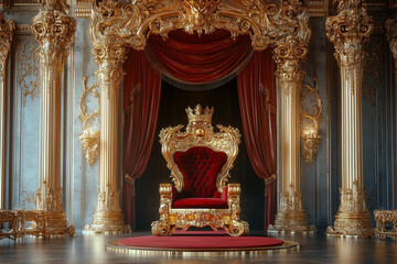 Fototapeta premium Royal Majesty, Luxurious gold embellished throne in a lavish royal chamber. Throne Room with Gold royal chair, Luxury red velvet armchair on the stage. 