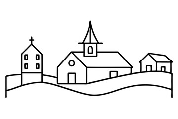 Village with church. Continuous one line art drawing style. Landscape of small country. Black linear sketch isolated on white background. Vector illustration