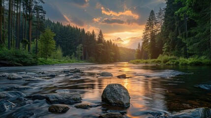 Peaceful river in forest at sunset with gold and pink sky.