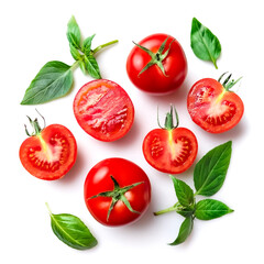 Fresh red tomatoes with slices and green leaves isolated on white background