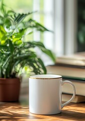 White ceramic mug with gold rim on a table with books and a plant.