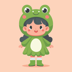 Cute girl in cartoon frog costume flat design vector illustration