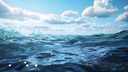 Vibrant ocean waves under a cloudy blue sky: nature's serenity and power