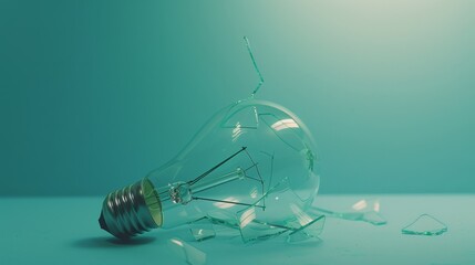 Side view of a shattered light bulb on a blue surface, representing broken ideas or innovation...