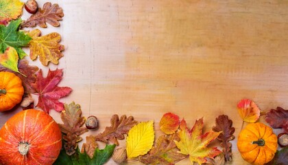 Pumpkin, fallen leaves and acorns frame