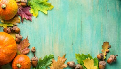 Pumpkin, fallen leaves and acorns frame