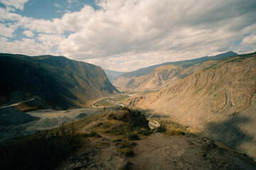 View of the Katu Yaryk pass in Altai Republic, Russia. Altai mountains. Mountain pass Katu-Yaryk. Valley of the mountain river Chulyshman. Mountain dangerous