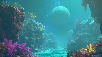 Fototapeta premium A vibrant underwater scene with colorful corals and a glowing planet in the background.