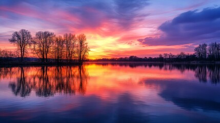 Fototapeta premium A stunning sunset over a calm lake, reflecting vibrant colors and surrounded by silhouetted trees, creating a peaceful atmosphere.
