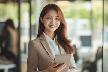 Happy young Korean professional business woman using tab standing in office. businesswoman manager female executive leader holding tab at work looking away dreaming of future successful career.