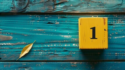 A wooden plaque with the number "1" painted on it, mounted on a vibrant, weathered turquoise wall, giving a rustic and artistic vibe.