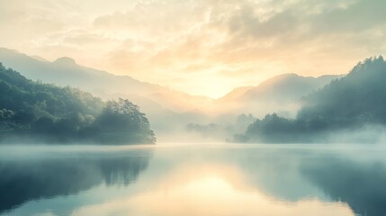 Fototapeta premium Breathtaking morning view of misty mountains reflecting in tranquil lake under a soft sunrise, evoking peace and serenity.