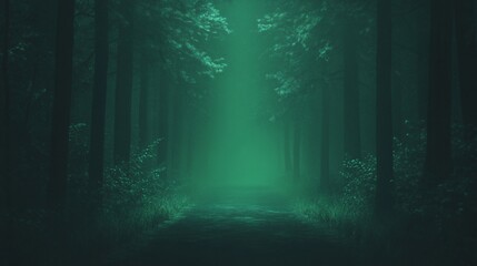 Obraz premium Mysterious foggy forest with an eerie green glow illuminating the pathway.