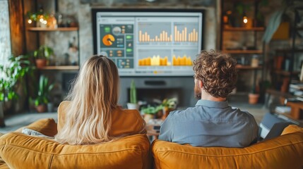 Naklejka premium A couple sits on a cozy couch in a stylish home office, reviewing financial data and charts displayed on a large screen, surrounded by plants.