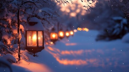 Serene winter pathway illuminated by lanterns, reflecting warm light on fresh snow, creating a magical evening ambiance.
