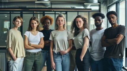 Seven diverse individuals stand side by side, exuding confidence and solidarity in a contemporary office space.