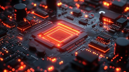 Illuminated Circuit Board with CPU Chip and Red LED Lights