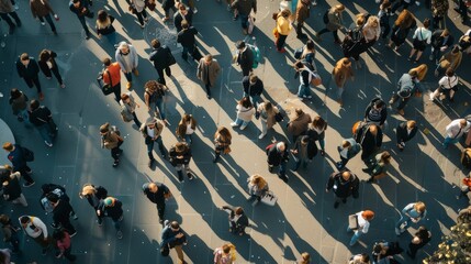 A high-angle view of a crowded urban street filled with people walking in various directions, casting long shadows in the morning sunlight.