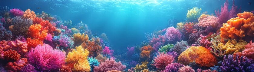 Fototapeta premium Colorful Coral Reef Underwater Scene with Sun Rays