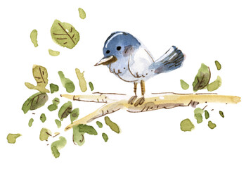 Funny blue bird on a tree branch