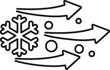 Simple linear icon of cold wind blowing with arrows and snowflake representing cold weather