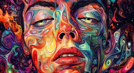19. **Psychedelic portrait with vibrant, swirling patterns and kaleidoscopic effects surrounding the face**