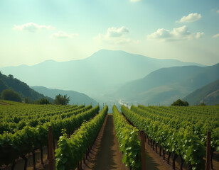 Fototapeta premium Vineyard landscape with green grapevines stretching into the distance under a hazy sky and mountain backdrop