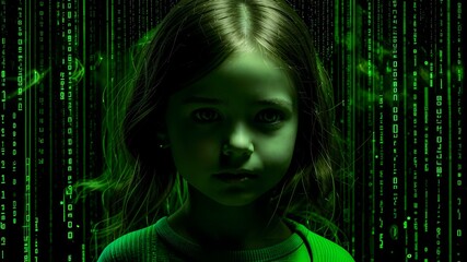 Girl against the background of a green digital code