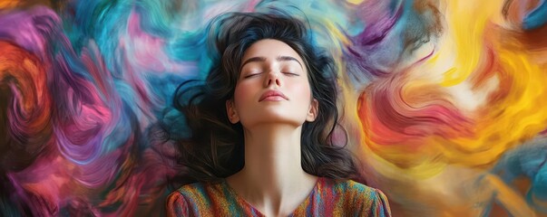 A serene woman breathes deeply, surrounded by vibrant swirls of color, symbolizing creativity and inner peace.
