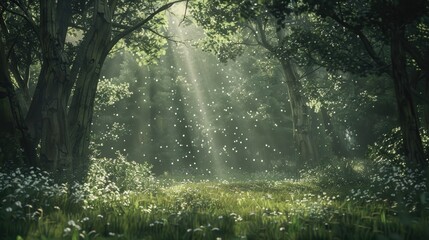 Obraz premium Serene woodland clearing bathed in speckled sunlight, providing a calming natural refuge.