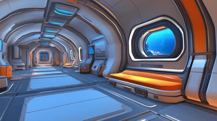 Obraz premium Futuristic hallway interior with orange accents and large views of outer space.