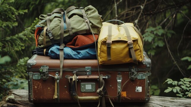 A mix of camping backpacks and gear packed on top of a vintage suitcase, set amidst lush greenery, hinting at an outdoor adventure.