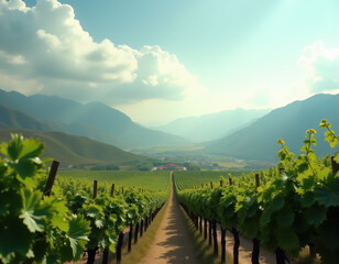 Naklejka premium Scenic vineyard landscape with mountains in the background on a bright sunny day