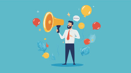 Communication or PR, Public Relations manager to communicate company information and media, announce sales or promotion concept, businessman holding speech bubble balloons while talking on megaphone.