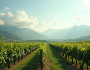 Naklejka premium Green vineyard with scenic mountain range in the background on a bright sunny day