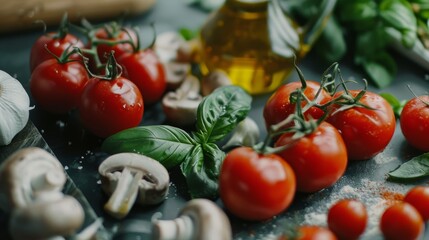 Fresh tomatoes, mushrooms, basil, and garlic on a kitchen counter create a vibrant, aromatic scene of culinary preparation.