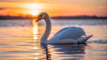Fototapeta premium swan floating on the water at sunrise of the day.