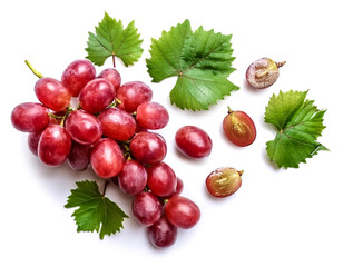 Obraz premium Red grapes with green leaves with slices and green leaves isolated on white background.